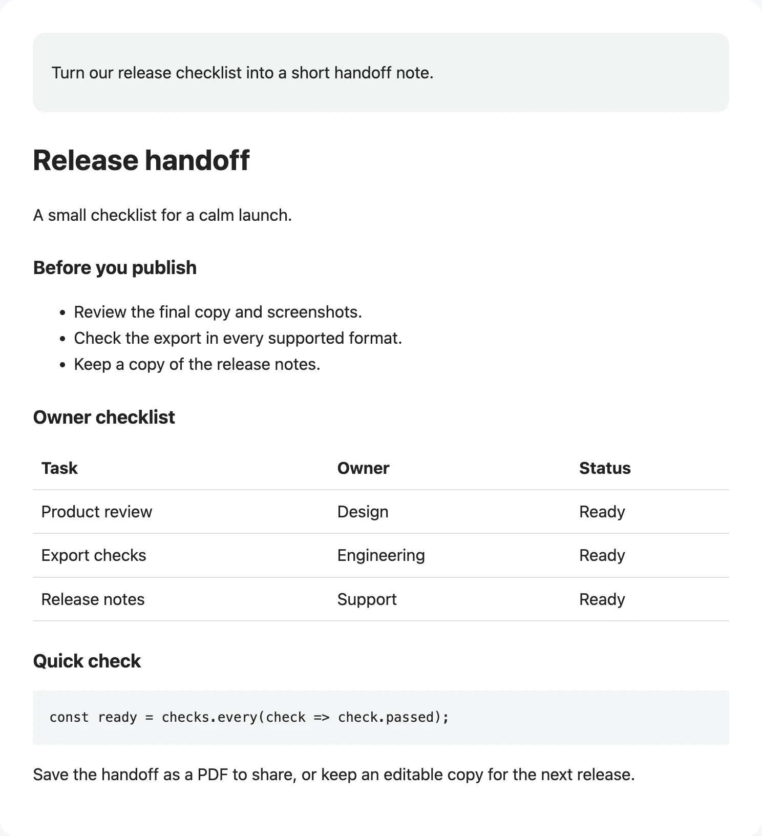 select — Release handoff example