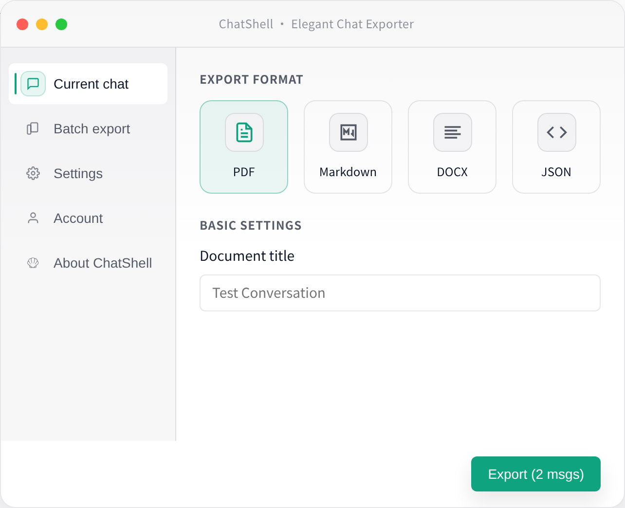 ChatShell exporting a ChatGPT conversation to JSON