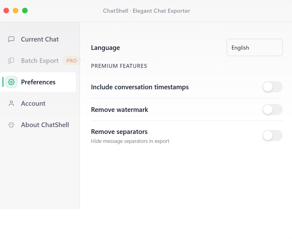ChatShell FAQ about privacy, permissions, and exports