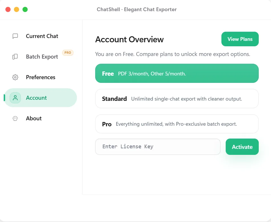 ChatShell-Tab „Konto“ mit den Tarifen Gratis, Standard und Pro sowie dem Feld „Lizenzschlüssel eingeben“ mit Aktivieren-Button