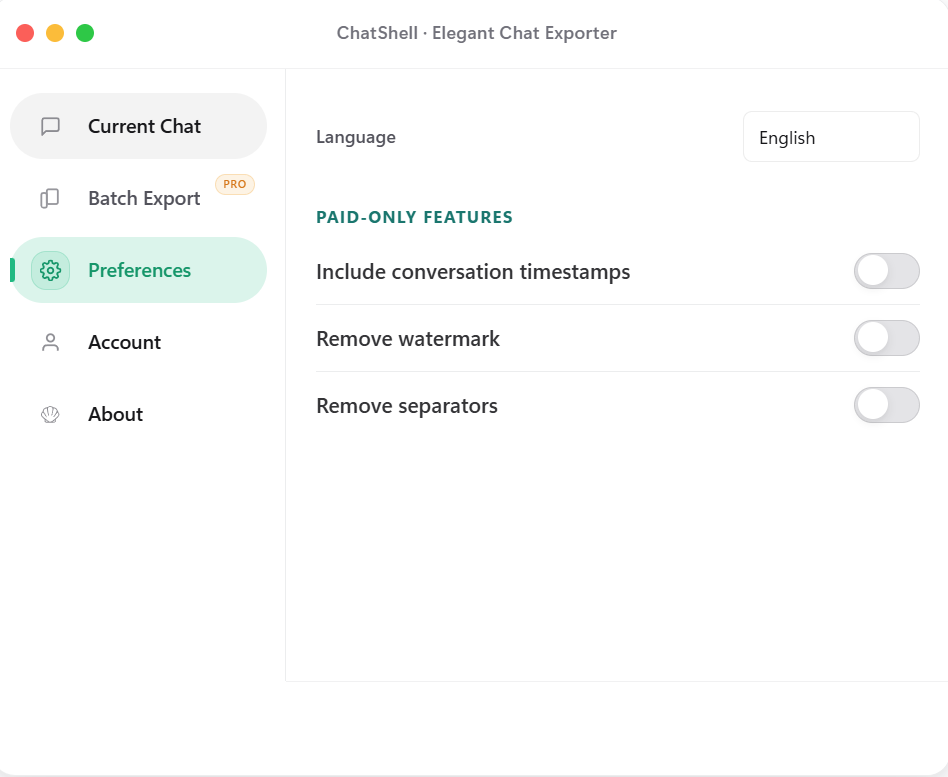 Preferences settings