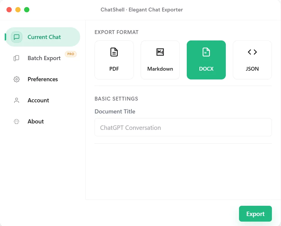 ChatShell exporting a ChatGPT conversation to DOCX