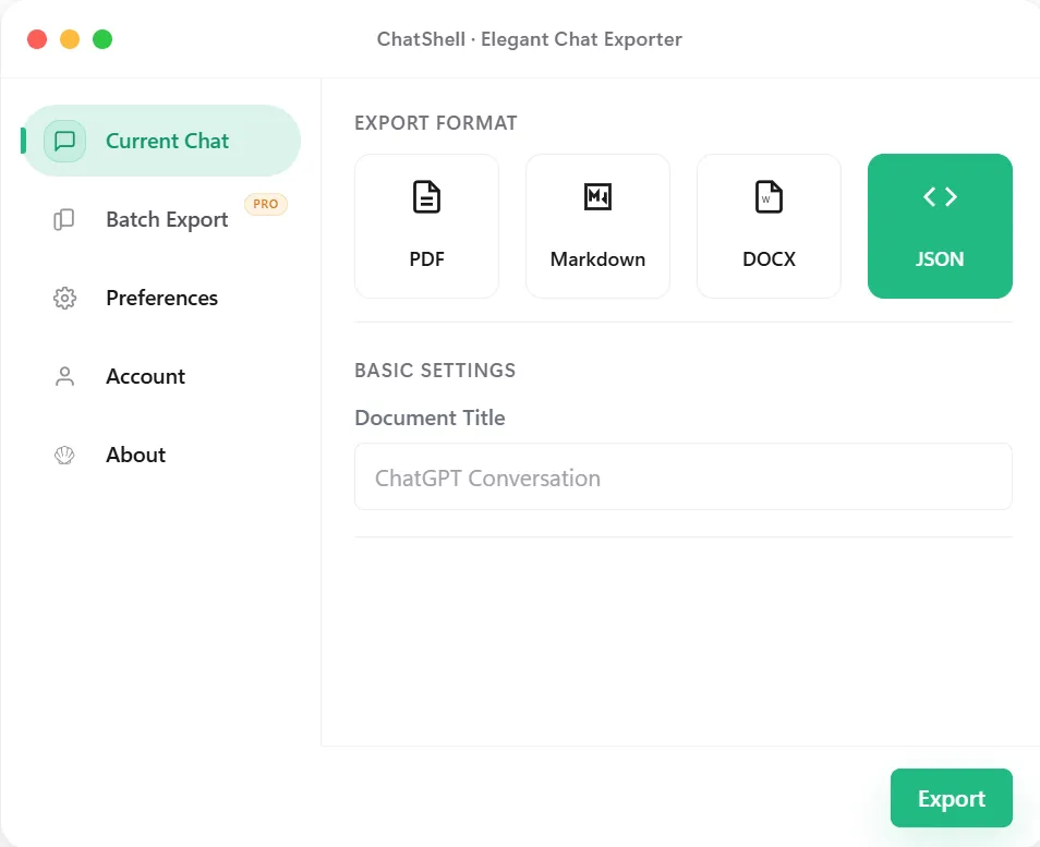 ChatShell exporting a ChatGPT conversation to JSON