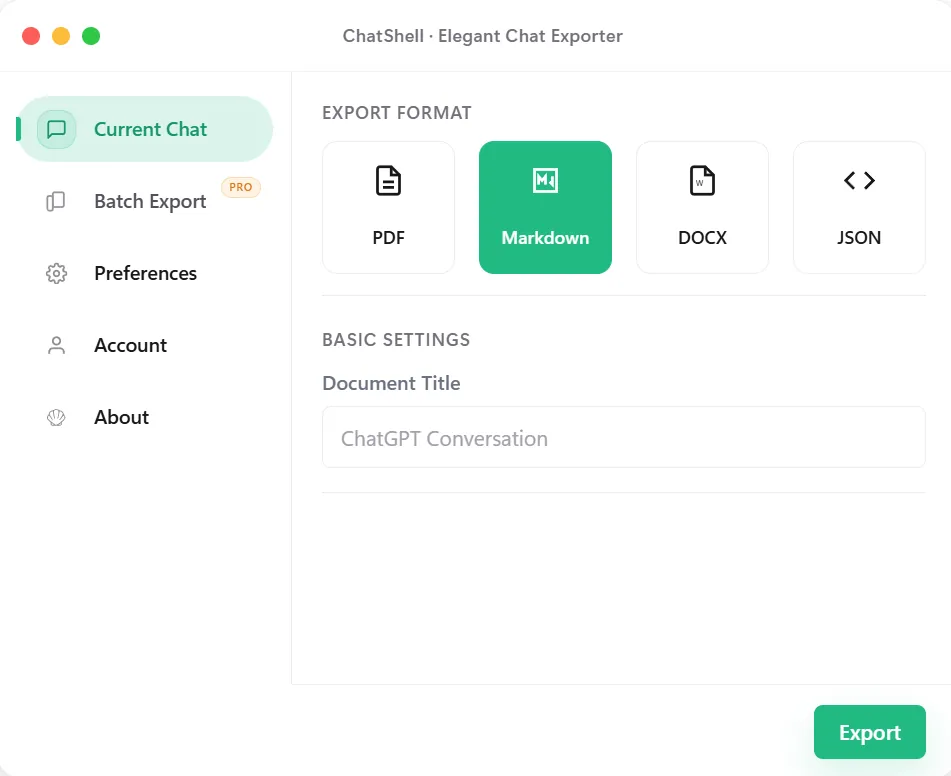 ChatShell exporting a ChatGPT conversation to Markdown