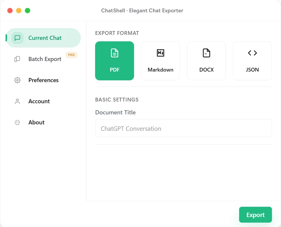 ChatShell exporting a ChatGPT conversation to PDF
