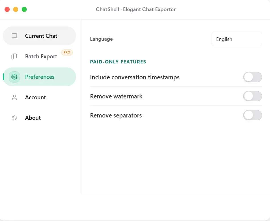 Preferences settings
